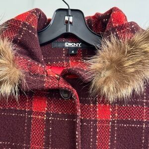DKNY Burgundy and Red Checkered Jacket with Faux Fur